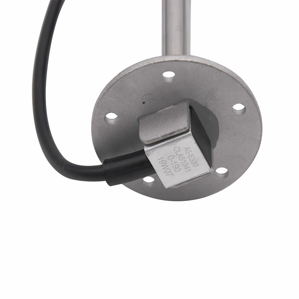 Adjustable fuel and water tank level sending unit for marine boats and RVs. Measures 7″–22″ depths with dual-range output (0–190Ω and 240–33Ω). Features stainless steel shaft, float arm, and mounting gasket for reliable tank monitoring.