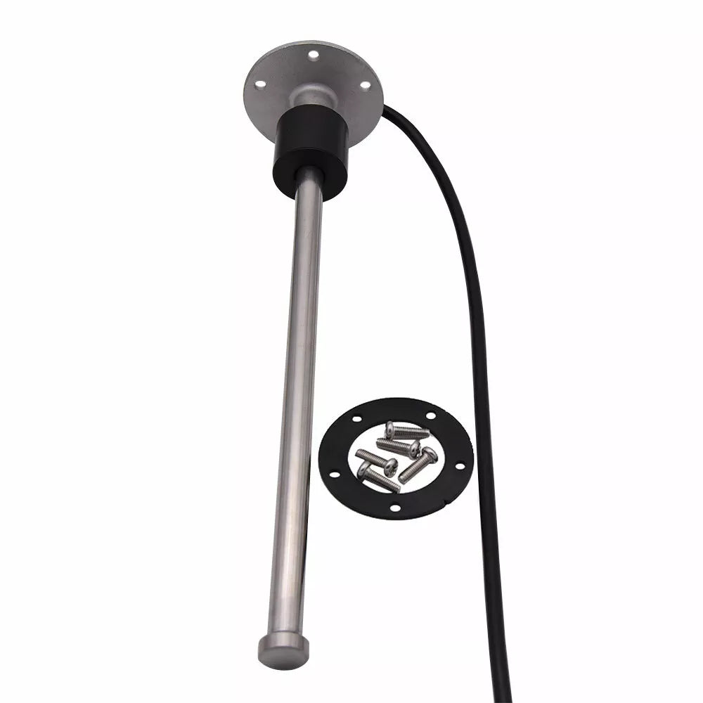 Adjustable fuel and water tank level sending unit for marine boats and RVs. Measures 7″–22″ depths with dual-range output (0–190Ω and 240–33Ω). Features stainless steel shaft, float arm, and mounting gasket for reliable tank monitoring.