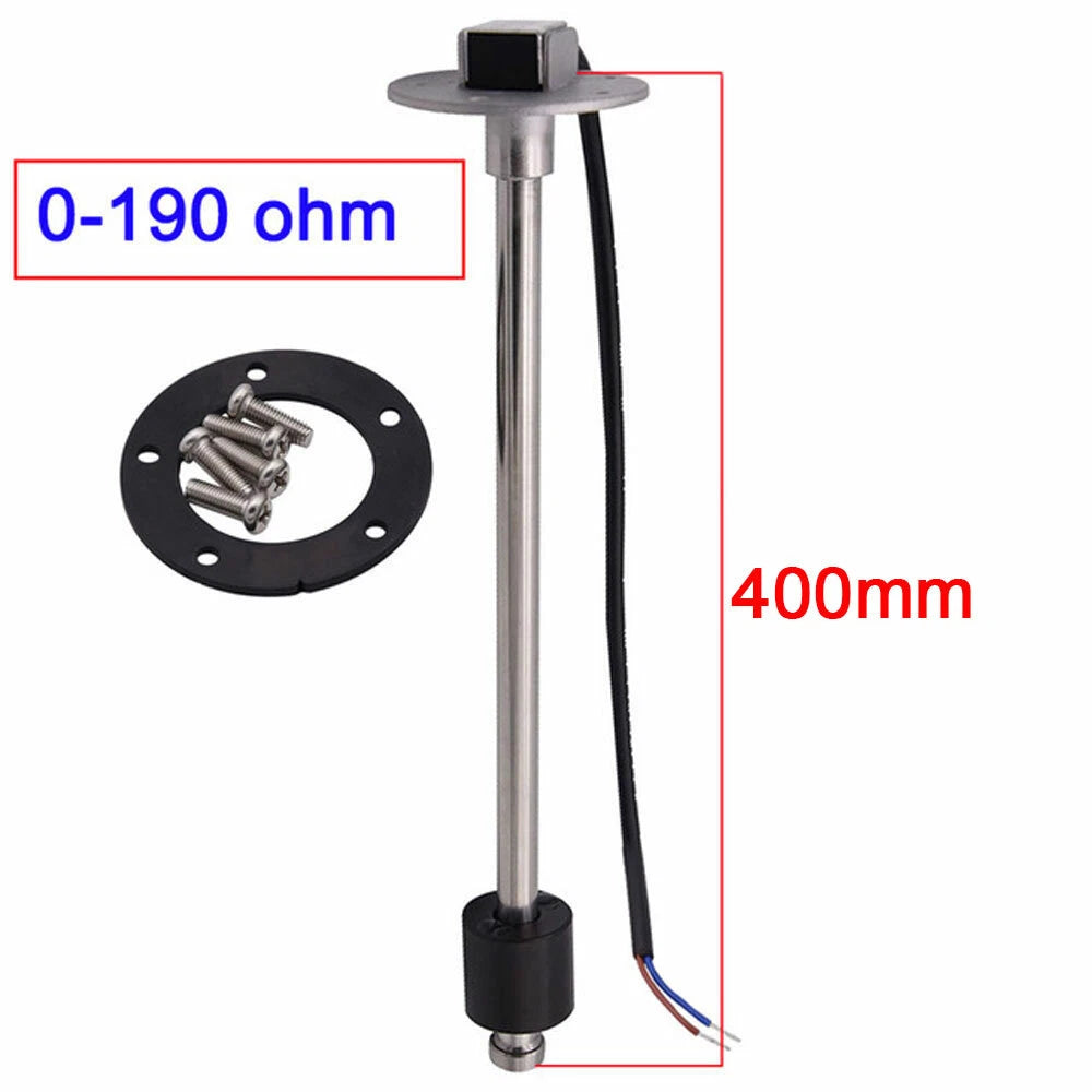 Adjustable fuel and water tank level sending unit for marine boats and RVs. Measures 7″–22″ depths with dual-range output (0–190Ω and 240–33Ω). Features stainless steel shaft, float arm, and mounting gasket for reliable tank monitoring.