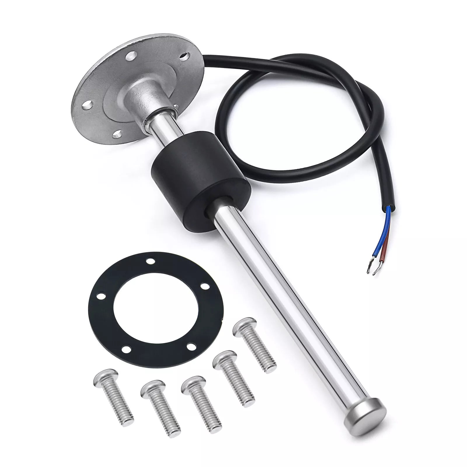 Adjustable fuel and water tank level sending unit for marine boats and RVs. Measures 7″–22″ depths with dual-range output (0–190Ω and 240–33Ω). Features stainless steel shaft, float arm, and mounting gasket for reliable tank monitoring.