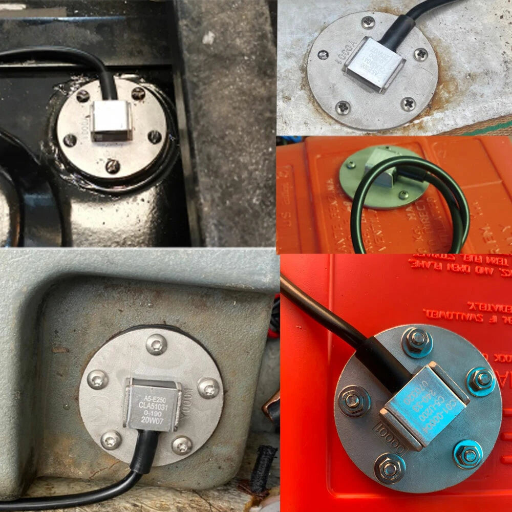 Adjustable fuel and water tank level sending unit for marine boats and RVs. Measures 7″–22″ depths with dual-range output (0–190Ω and 240–33Ω). Features stainless steel shaft, float arm, and mounting gasket for reliable tank monitoring.