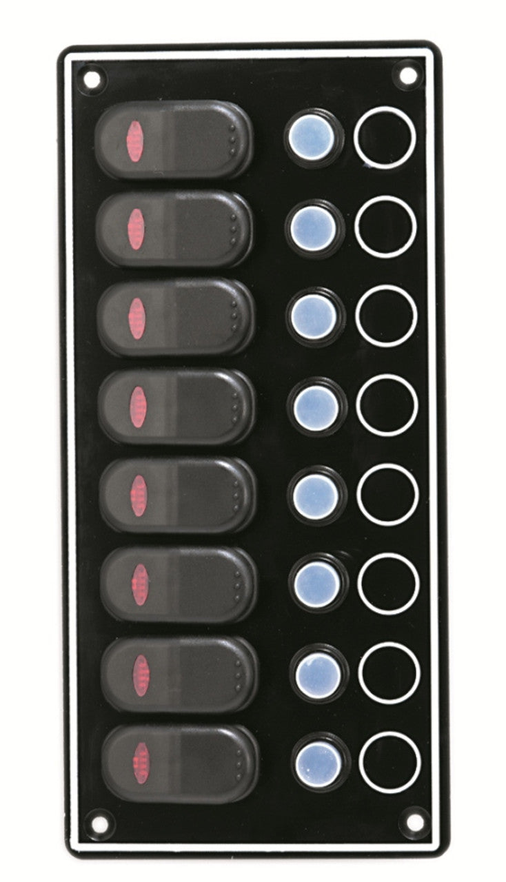 8-Gang Waterproof Switch Panel 10087-BK – waterproof marine switch board featuring 8 rocker switches for secure and reliable control of onboard electronics in harsh environments. Ideal for boats and RVs. Available at Rimal Marine.


