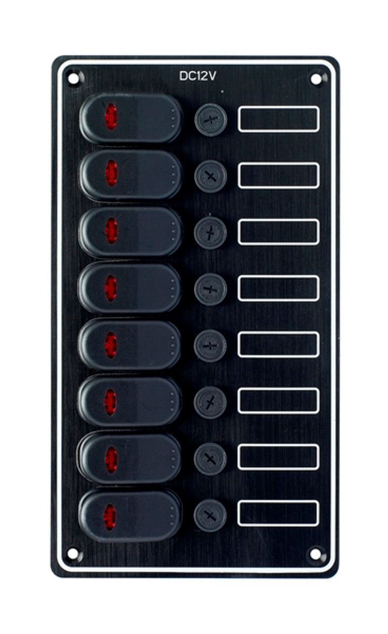 8-Gang Waterproof Switch Panel 10167-BK – durable marine electrical panel with 8 sealed rocker switches. Designed for boats, yachts, and RVs. Ensures safe and reliable power distribution in marine conditions. Available at Rimal Marine.


