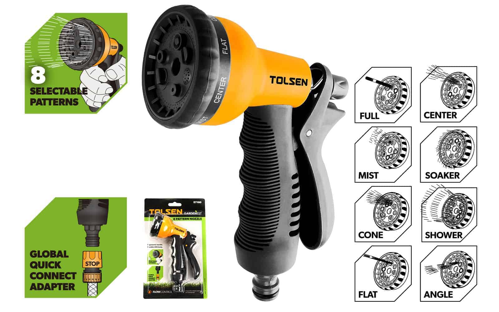 Multi-pattern spray nozzle featuring 8 spray options including Full, Angle, Shower, Mist, Center, Flat, Cone, and Soaker. Constructed with durable ABS and a TPR comfort grip for ease of use. Perfect for various watering needs. Skin card packaging for retail convenience.

