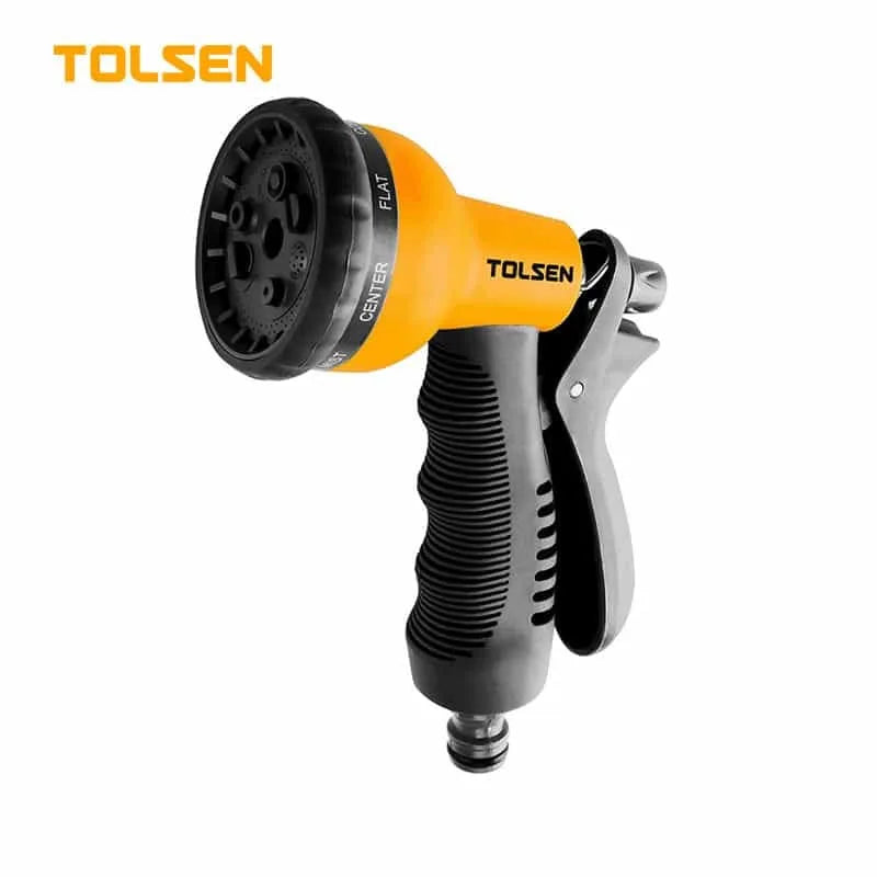 Multi-pattern spray nozzle featuring 8 spray options including Full, Angle, Shower, Mist, Center, Flat, Cone, and Soaker. Constructed with durable ABS and a TPR comfort grip for ease of use. Perfect for various watering needs. Skin card packaging for retail convenience.

