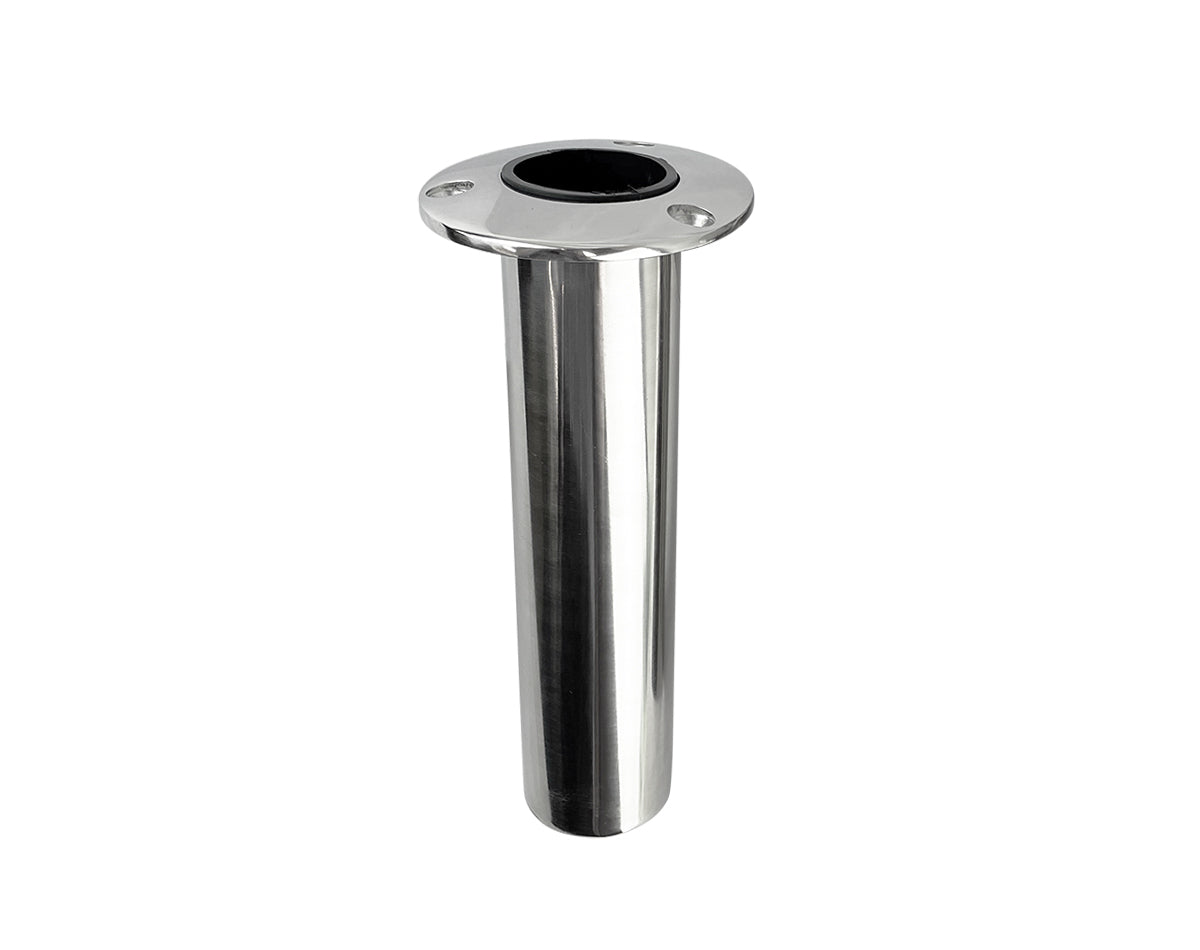 90-degree flush mount stainless steel rod holder – marine-grade AISI 316 construction with polished finish and PVC insert, designed for sleek and secure fishing rod support on boat decks.


