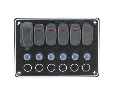 AAA 10061-BKUAC 5 Gang Marine Switch Panel with USB Type A & C charging ports, built-in circuit protection, LED backlit switches, and waterproof faceplate. Designed for boat dashboards and marine electrical control. Available in Rimal Marine.

