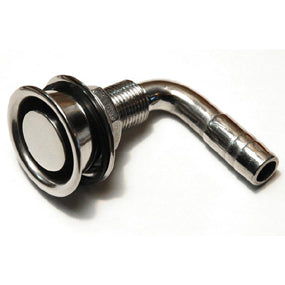 AAA 90° bent gas tank vent made of corrosion-resistant 316 stainless steel. Designed with a 19mm hose I.D., integrated stainless steel mesh screen, and includes two vent cups for flexible mounting. Ideal for marine fuel tank ventilation in tight spaces.