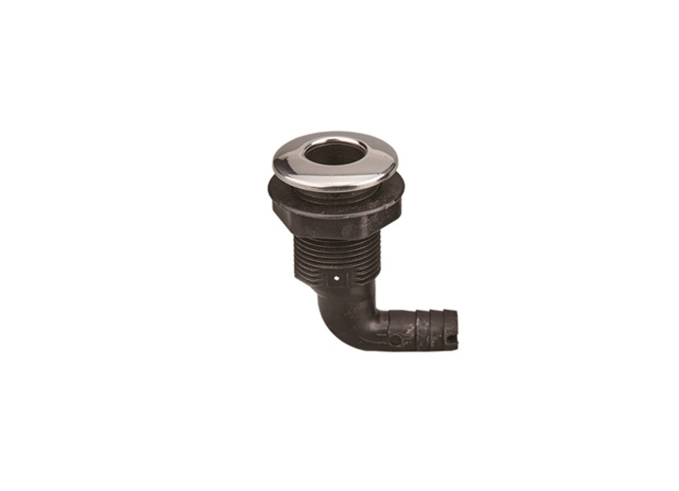 AAA 90-degree elbow thru-hull hose drain port with marine-grade SS316 stainless steel trim ring. Designed for water drainage through the deck or hull. Corrosion-resistant, UV-protected, and perfect for saltwater applications on boats, yachts, and other marine vessels.