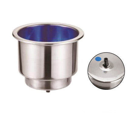 AAA blue LED illuminated drink holder – marine-grade plastic beverage holder for boats and RVs. Provides secure cup or can storage with ambient lighting for night use on decks or consoles.

