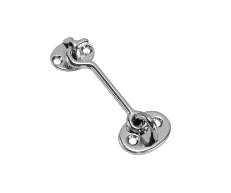 AAA-quality Chrome Cabin Hook measuring 3.75 inches, designed for securing doors, windows, and gates. Features a shiny chrome-plated finish for decorative indoor use, combining style with reliable functionality in residential or light commercial settings.