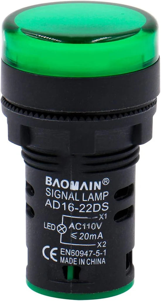 AD16-22DS LED indicator pilot signal lamp in multiple colors (Green, Yellow, Red, Blue, White), 22mm panel mount type. Durable and energy-efficient for control panels, machinery, or industrial signals. Long service life with vibrant illumination. Distributed by Rimal Marine.