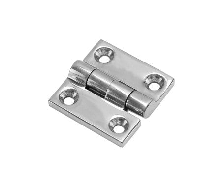 Butt hinge measuring 1-1/2" x 1-1/2", made from AISI 316 stainless steel for maximum corrosion resistance. Suitable for marine and outdoor environments, this compact hinge is ideal for cabinets, panels, and access doors requiring durability and a clean finish.

