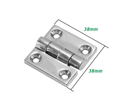Butt hinge measuring 1-1/2" x 1-1/2", made from AISI 316 stainless steel for maximum corrosion resistance. Suitable for marine and outdoor environments, this compact hinge is ideal for cabinets, panels, and access doors requiring durability and a clean finish.

