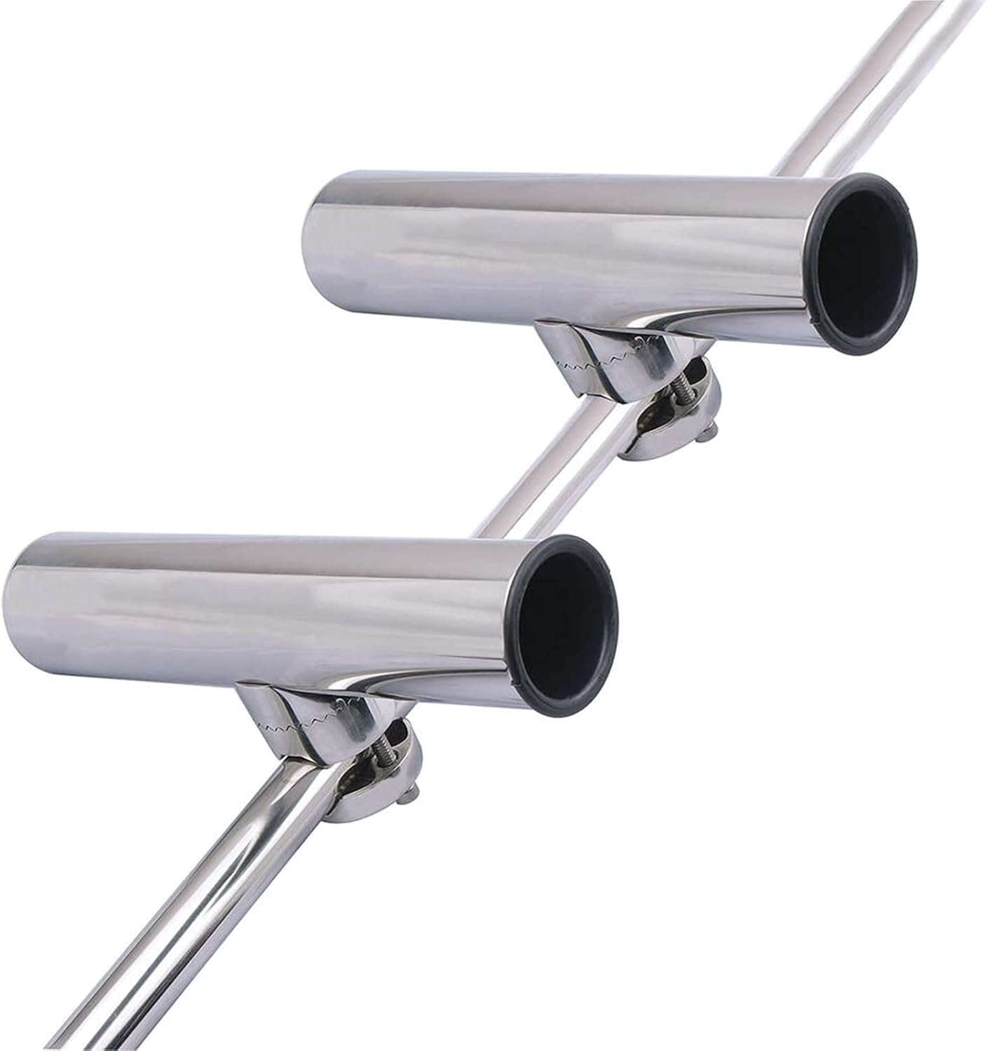 AISI 316 stainless steel rod holder for 1" rail – marine-grade, adjustable rail-mounted fishing rod holder with corrosion resistance and sleek polished finish for secure rod placement on boats.

