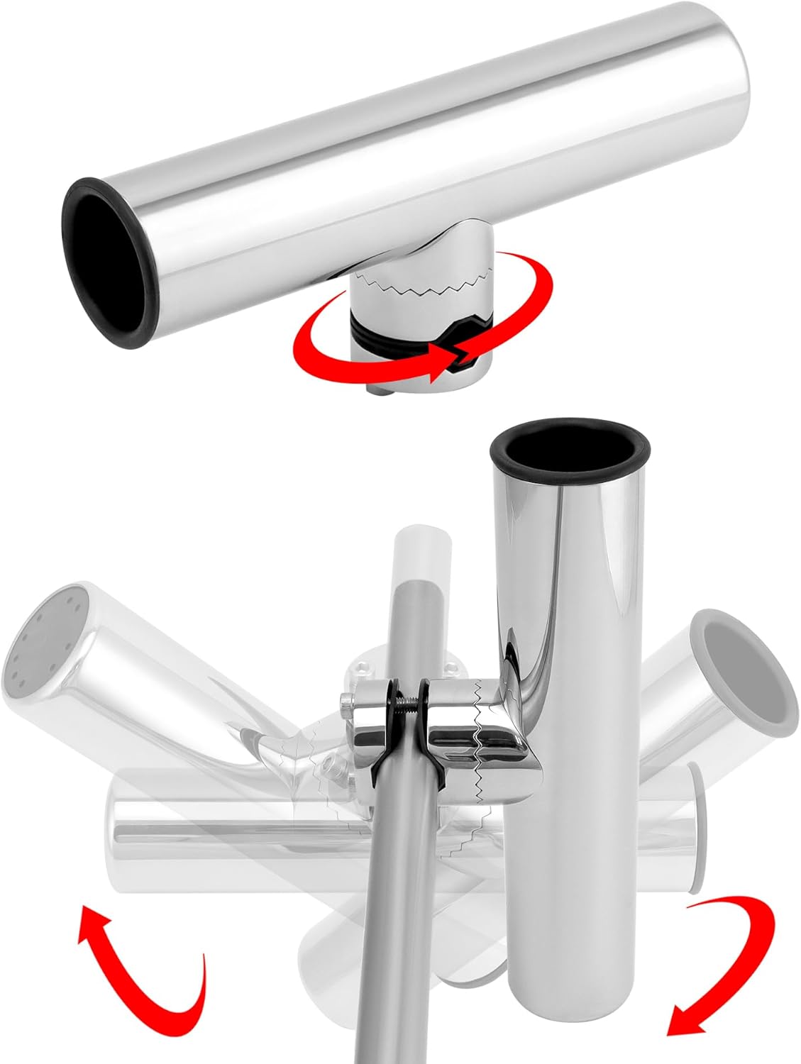 Stainless steel AISI 316 rod holder for 3/4" rail – corrosion-resistant, rail-mounted marine fishing rod holder with adjustable angle and polished finish for secure and stylish rod support.

