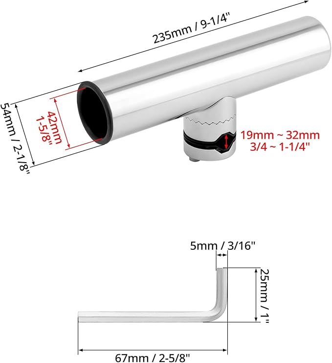 Stainless steel AISI 316 rod holder for 3/4" rail – corrosion-resistant, rail-mounted marine fishing rod holder with adjustable angle and polished finish for secure and stylish rod support.

