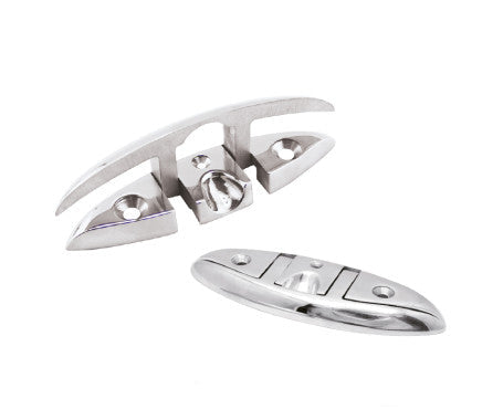 Foldable cleat crafted from AISI 316 stainless steel with a polished, corrosion-resistant finish. Designed for marine use, this low-profile cleat folds flat when not in use, providing secure mooring and a clean, obstruction-free deck surface.