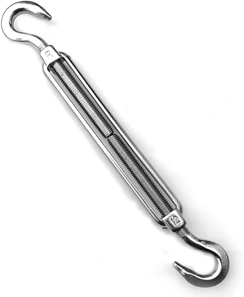 AISI 316 stainless steel turnbuckle with hook and hook ends – corrosion-resistant tensioning hardware for marine, rigging, and structural applications.