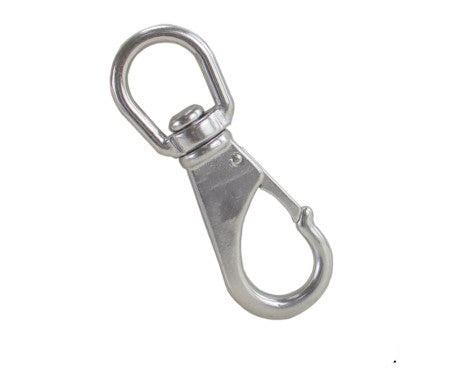 Stainless steel Swivel Eye Snap hook with a smooth swivel base and spring-loaded latch, made from corrosion-resistant AISI 316 steel—ideal for marine, sailing, pet leashes, and outdoor gear requiring secure and quick attachment.