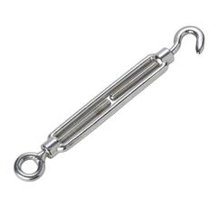 Close-up of a high-quality AISI 316 stainless steel turnbuckle with eye and hook ends, designed for marine and rigging use. Rust-resistant and suitable for heavy-duty tensioning applications in outdoor or corrosive environments.