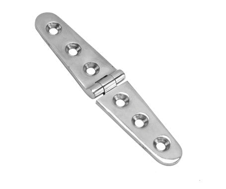 Strap hinge made from AISI 316 stainless steel, measuring 152.4mm x 28.58mm. Designed for marine and outdoor use, providing strong support and corrosion resistance for doors, gates, and hatches exposed to moisture and saltwater conditions.

