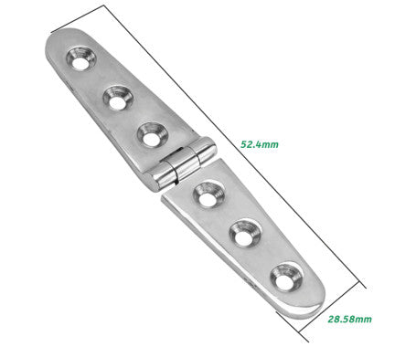 Strap hinge made from AISI 316 stainless steel, measuring 152.4mm x 28.58mm. Designed for marine and outdoor use, providing strong support and corrosion resistance for doors, gates, and hatches exposed to moisture and saltwater conditions.

 