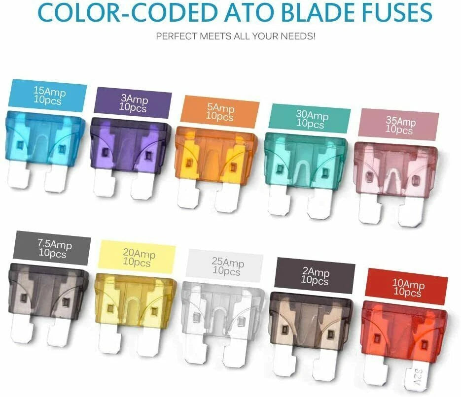 Pack of standard medium blade fuses (ATO/ATC type) from 2A to 35A, 10 pieces of each rating. Color-coded for easy ID, ideal for automotive, marine, and RV fuse systems. Trusted overcurrent protection and durability from Rimal Marine.