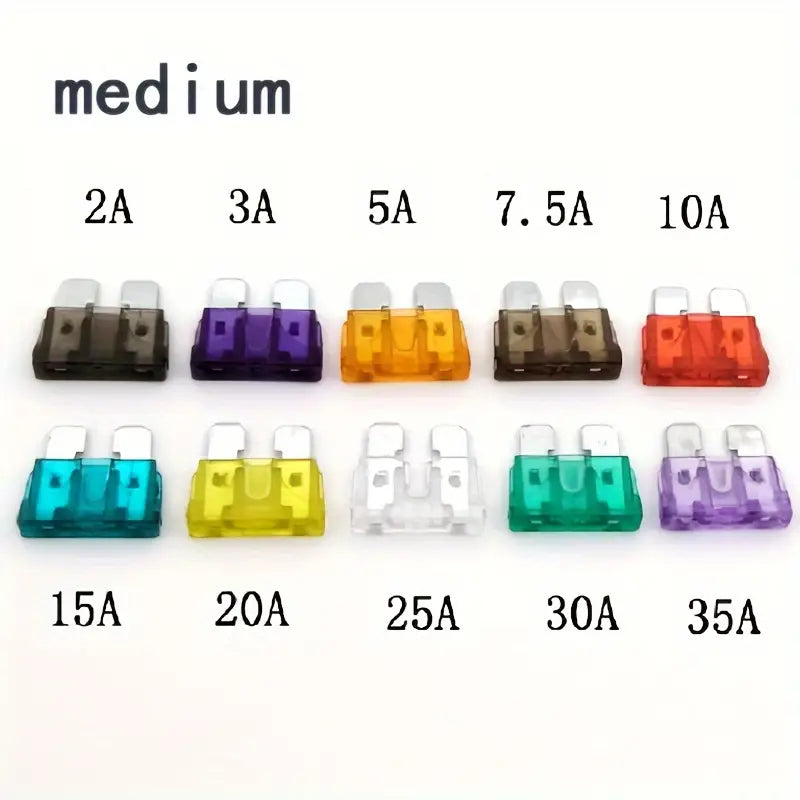 Pack of standard medium blade fuses (ATO/ATC type) from 2A to 35A, 10 pieces of each rating. Color-coded for easy ID, ideal for automotive, marine, and RV fuse systems. Trusted overcurrent protection and durability from Rimal Marine.

