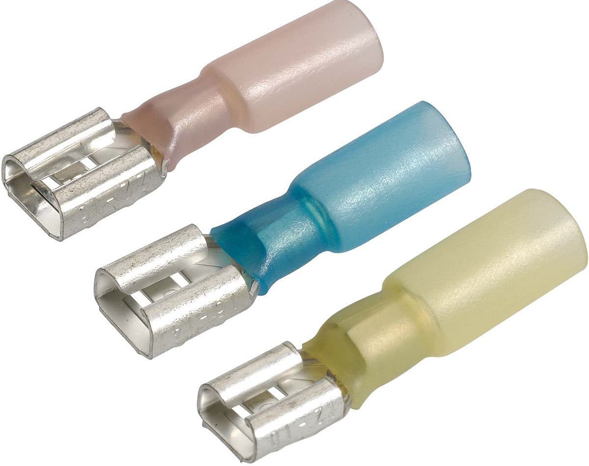 Waterproof adhesive heatshrink male and female blade terminals provide secure, insulated electrical connections. Suitable for harsh environments including marine and automotive. Heat-activated shrink tubing delivers durability and protection. Offered by Rimal Marine.