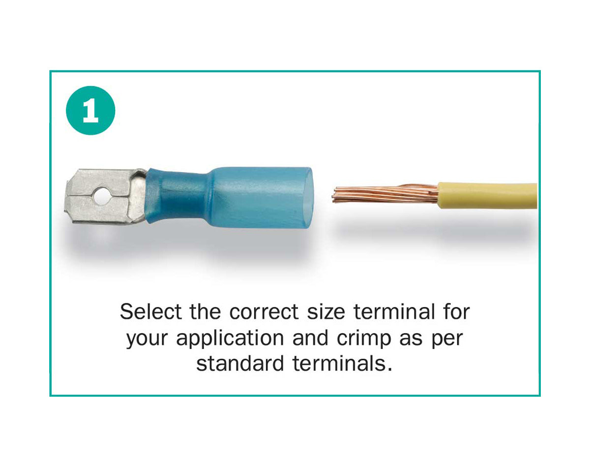 Waterproof adhesive heatshrink male and female blade terminals provide secure, insulated electrical connections. Suitable for harsh environments including marine and automotive. Heat-activated shrink tubing delivers durability and protection. Offered by Rimal Marine.