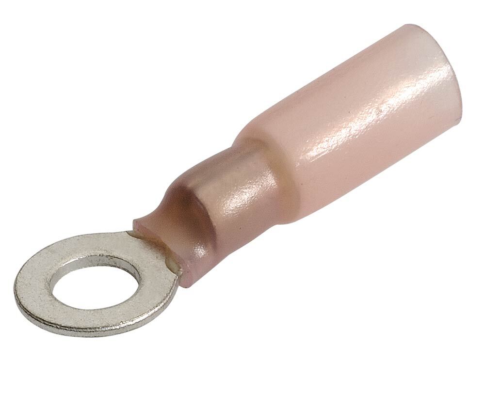 Red adhesive heatshrink ring terminals (2.5–3mm) ensure waterproof and durable connections for electrical wiring in marine, automotive, and industrial settings. Heat-activated insulation offers strong protection against moisture and corrosion. High-quality terminals from Rimal Marine.

