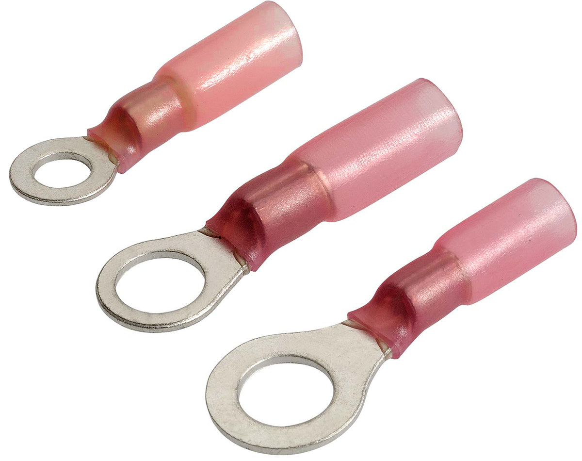 Red adhesive heatshrink ring terminals (2.5–3mm) ensure waterproof and durable connections for electrical wiring in marine, automotive, and industrial settings. Heat-activated insulation offers strong protection against moisture and corrosion. High-quality terminals from Rimal Marine.

