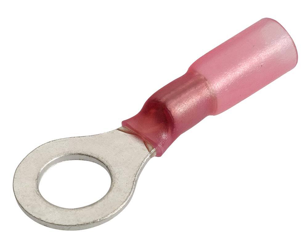 Red adhesive heatshrink ring terminals (2.5–3mm) ensure waterproof and durable connections for electrical wiring in marine, automotive, and industrial settings. Heat-activated insulation offers strong protection against moisture and corrosion. High-quality terminals from Rimal Marine.