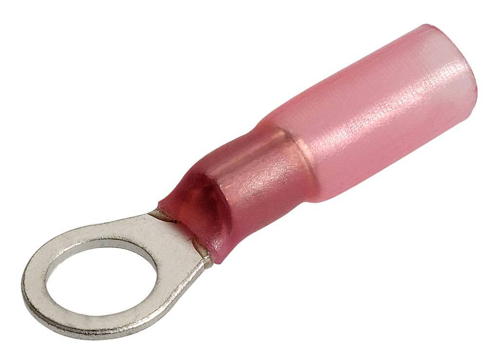 Red adhesive heatshrink ring terminals (2.5–3mm) ensure waterproof and durable connections for electrical wiring in marine, automotive, and industrial settings. Heat-activated insulation offers strong protection against moisture and corrosion. High-quality terminals from Rimal Marine.
