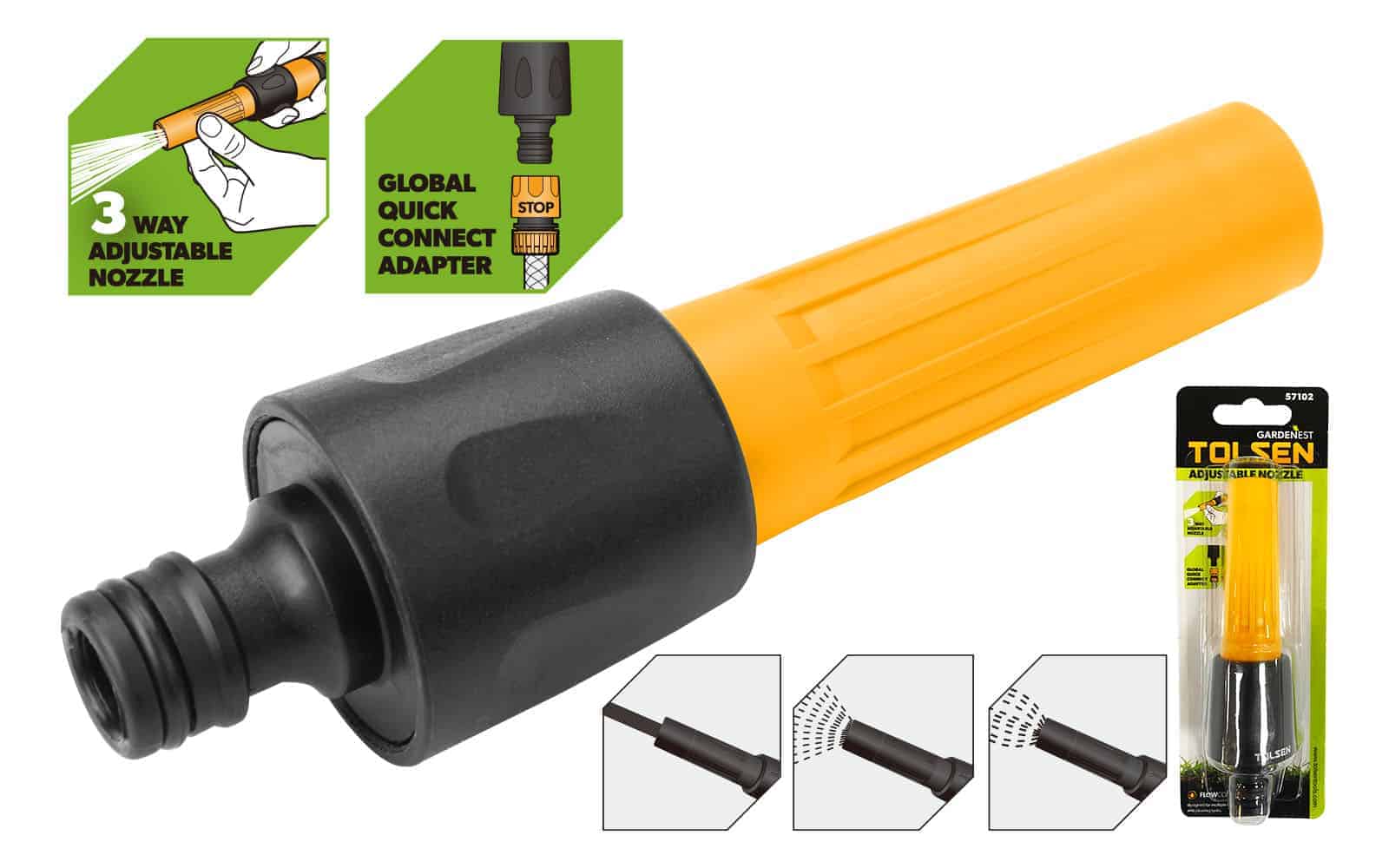 Adjustable spray nozzle with ABS and PP body, offering flexible spray modes from mist to jet stream. Comes with a global quick connect adapter for universal hose fit. Ideal for gardening, cleaning, or irrigation. Skin card packing for convenient retail setup.

