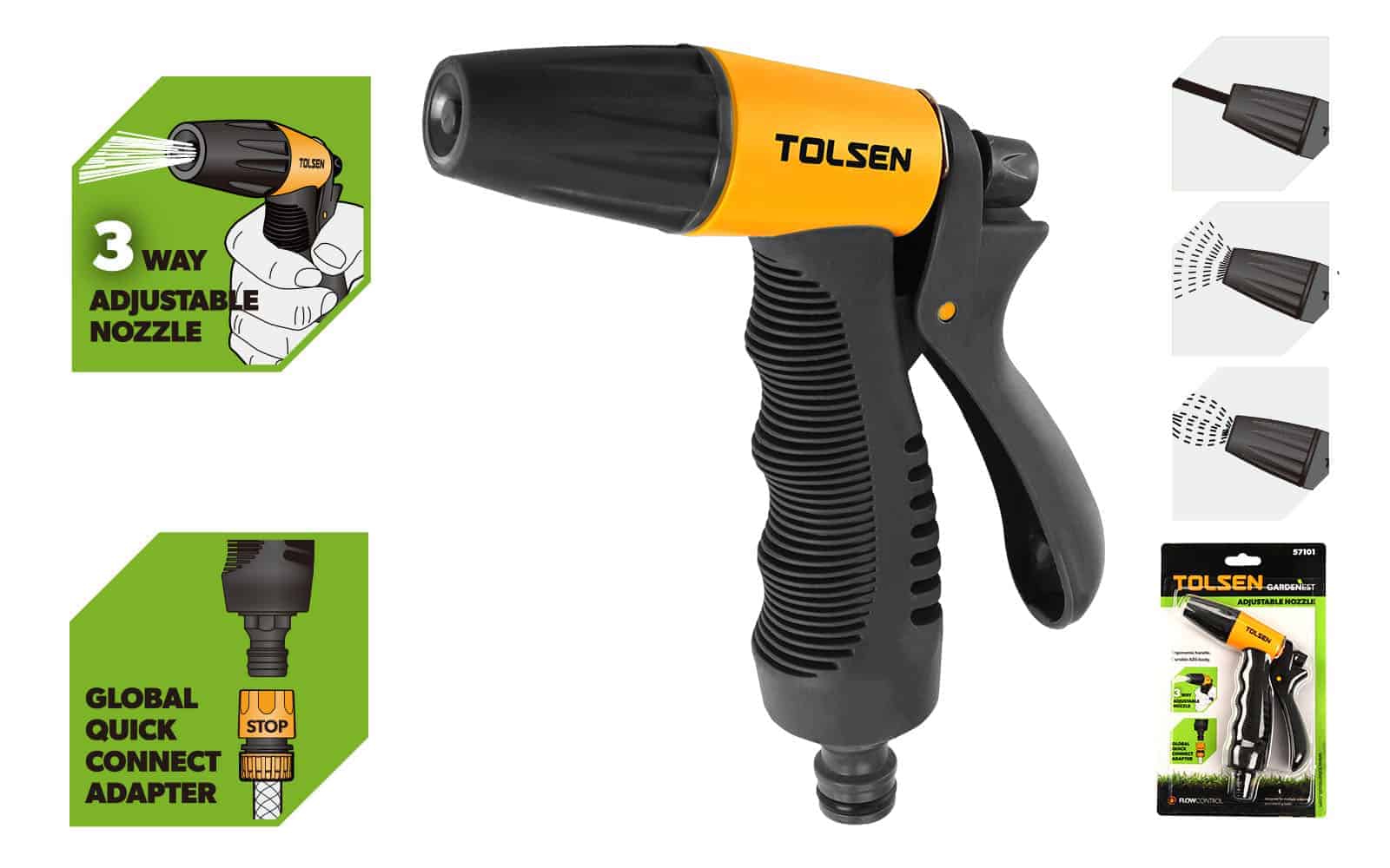 Adjustable spray nozzle with strong ABS construction and TPR comfort grip, offering a range of spray patterns from fine mist to high-pressure jet. Ergonomic design for user comfort and precise control. Skin card packaging for easy display and handling.

