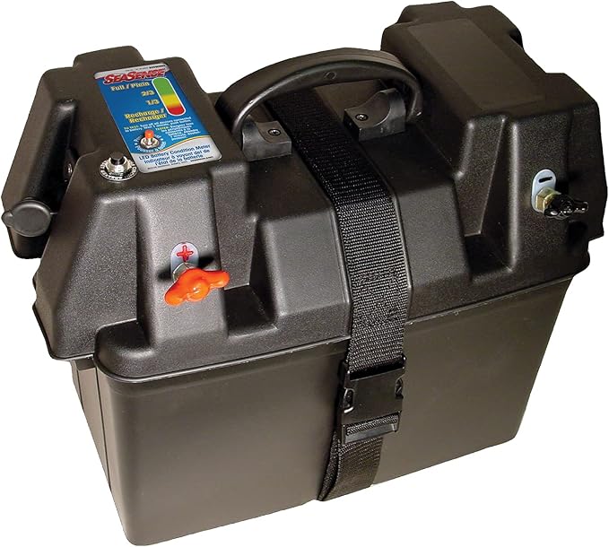 Battery box with integrated power station for Group 24–31 batteries. Includes USB ports, 12V outlets, digital voltage display, and circuit protection. Ideal for marine, RV, and off-grid applications requiring both power and battery protection.