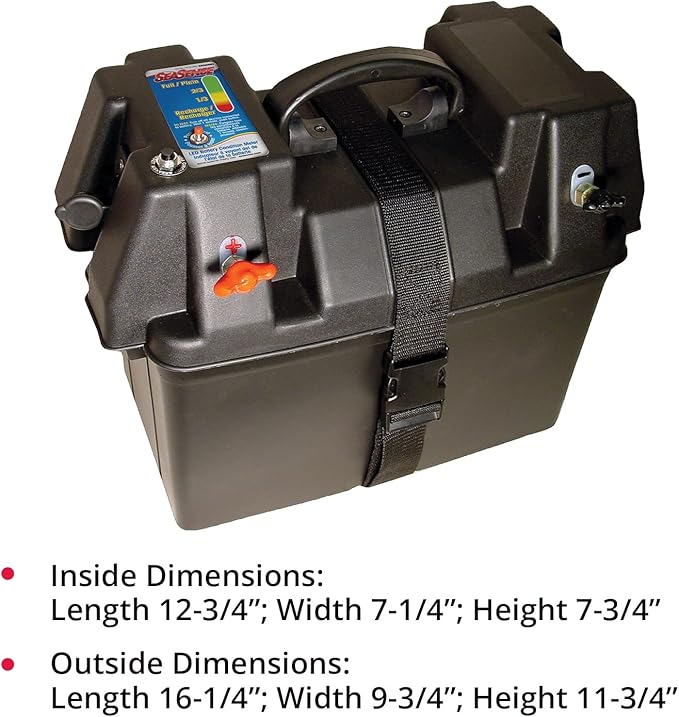 Battery box with integrated power station for Group 24–31 batteries. Includes USB ports, 12V outlets, digital voltage display, and circuit protection. Ideal for marine, RV, and off-grid applications requiring both power and battery protection.