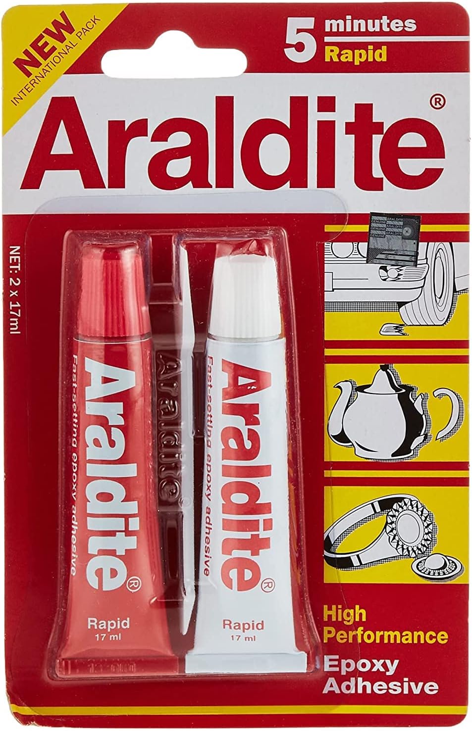 Close-up image of Araldite 5 Min Rapid Epoxy adhesive pack showing two tubes – resin and hardener – used for fast-setting, strong bonds on various surfaces like metal, glass, wood, ceramic, and plastic. Ideal for home repairs, DIY projects, and industrial bonding tasks.