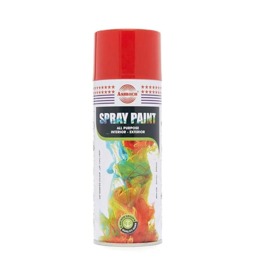 Asmaco 400 ml spray paint in various colors—quick-dry, high-gloss finish suitable for plastic, wood, metal, and automotive surfaces. Exceptional adhesion to polypropylene, polystyrene, fiberglass, PVC without primer. Durable and weather-resistant for indoor/outdoor use.