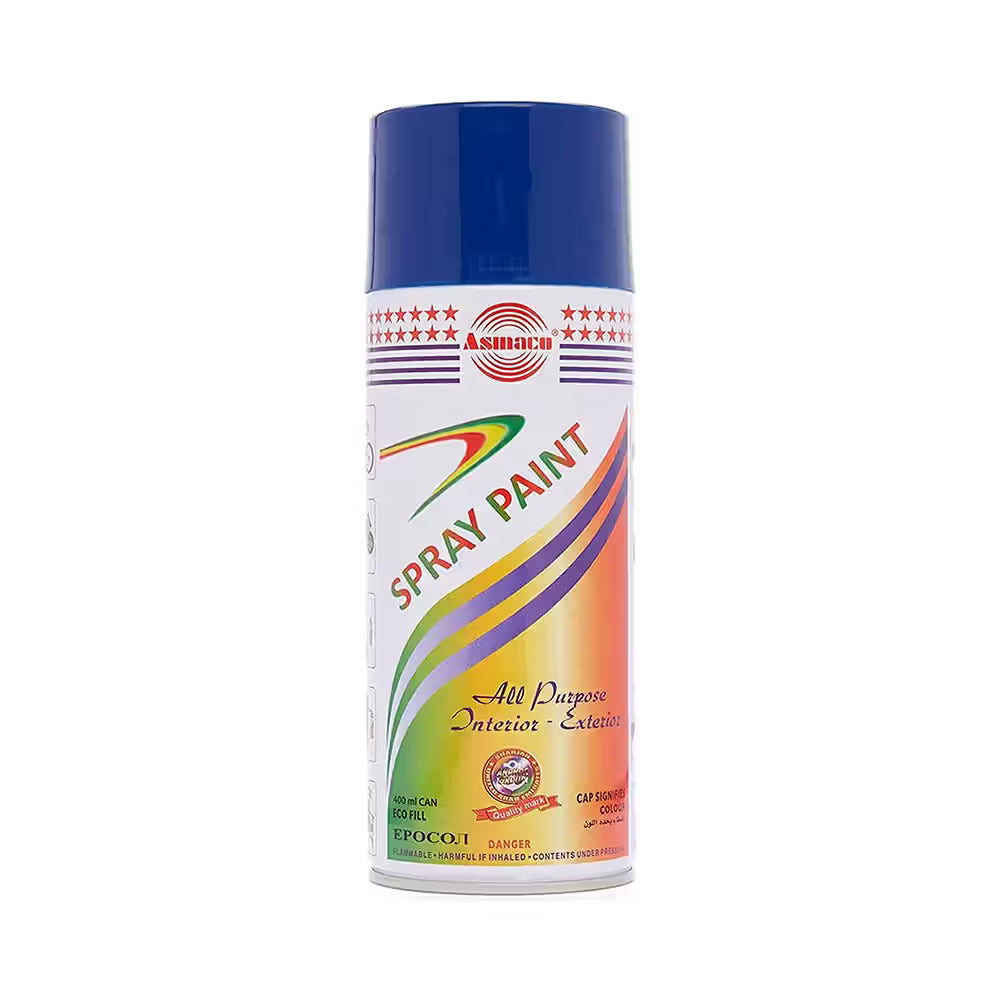 Asmaco 400 ml spray paint in various colors—quick-dry, high-gloss finish suitable for plastic, wood, metal, and automotive surfaces. Exceptional adhesion to polypropylene, polystyrene, fiberglass, PVC without primer. Durable and weather-resistant for indoor/outdoor use