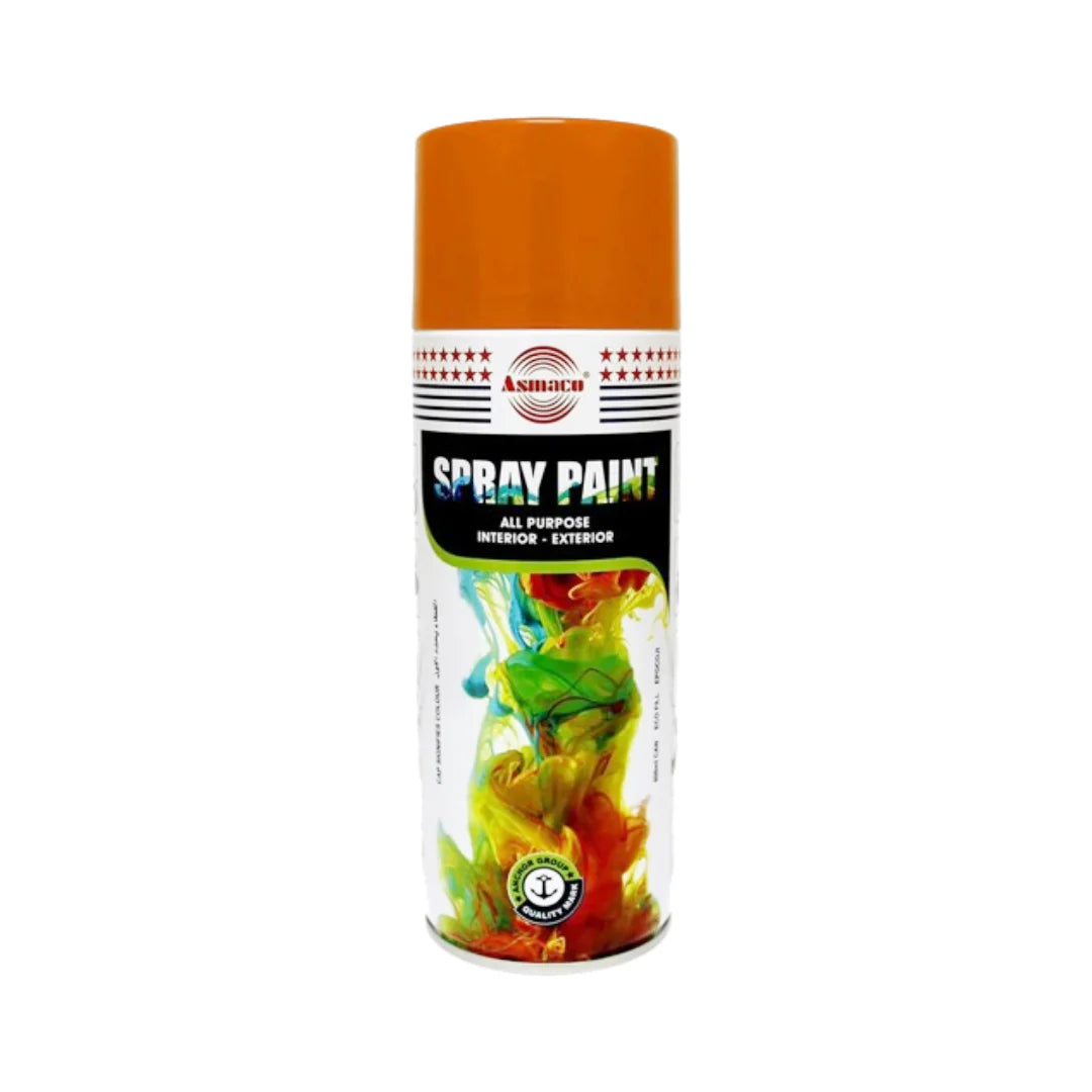 Asmaco 400 ml spray paint in various colors—quick-dry, high-gloss finish suitable for plastic, wood, metal, and automotive surfaces. Exceptional adhesion to polypropylene, polystyrene, fiberglass, PVC without primer. Durable and weather-resistant for indoor/outdoor use.