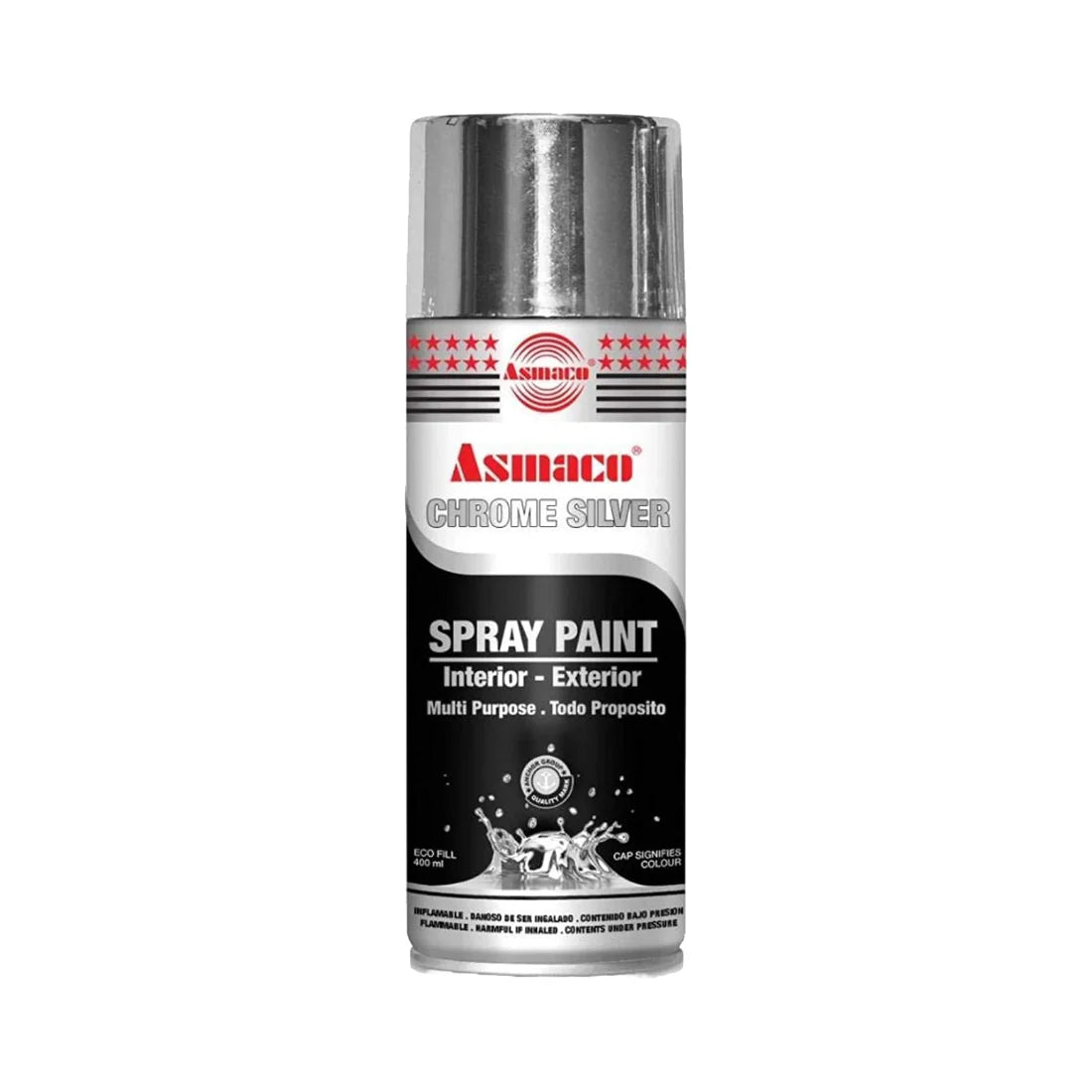 Asmaco 400 ml spray paint in various colors—quick-dry, high-gloss finish suitable for plastic, wood, metal, and automotive surfaces. Exceptional adhesion to polypropylene, polystyrene, fiberglass, PVC without primer. Durable and weather-resistant for indoor/outdoor use.

