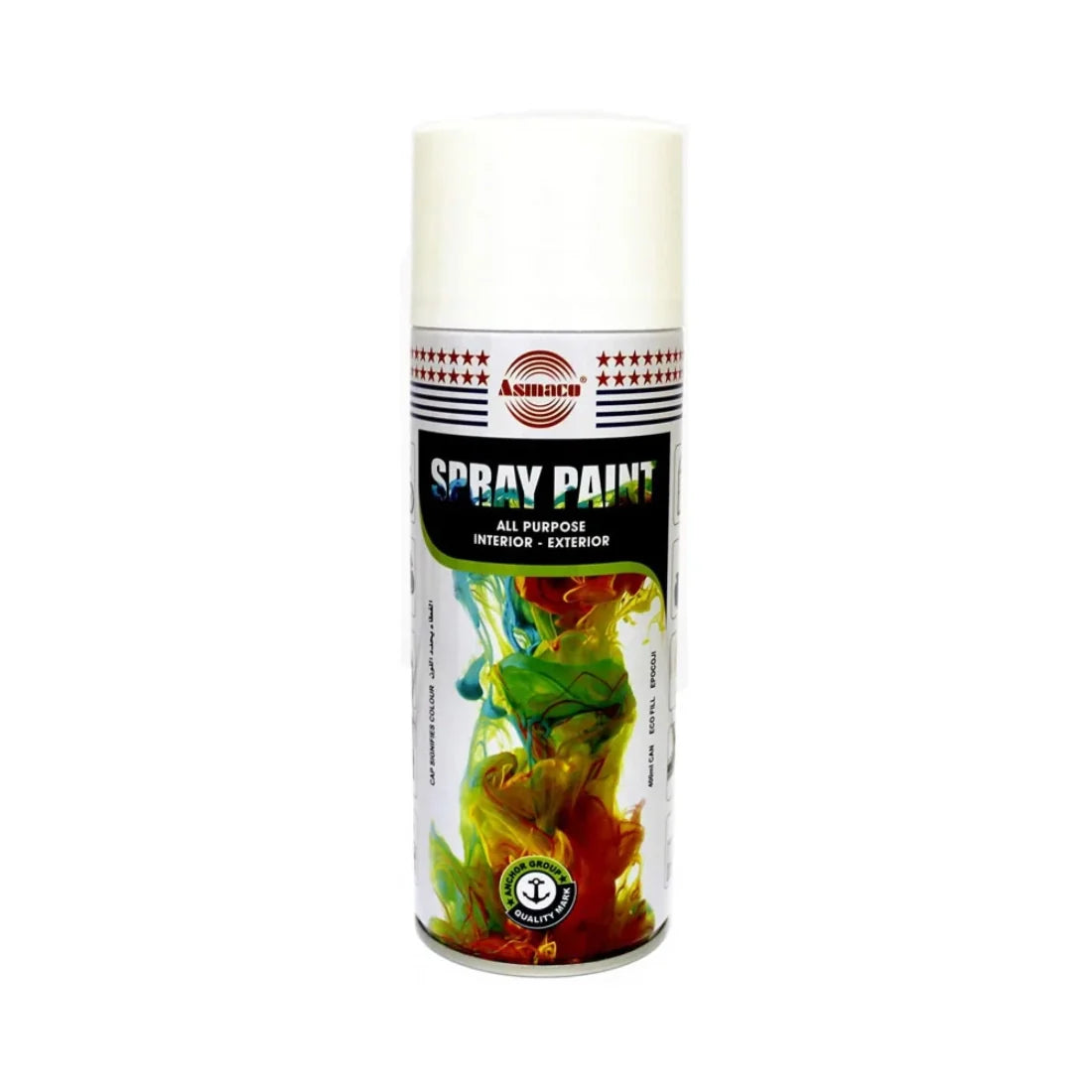 Asmaco 400 ml spray paint in various colors—quick-dry, high-gloss finish suitable for plastic, wood, metal, and automotive surfaces. Exceptional adhesion to polypropylene, polystyrene, fiberglass, PVC without primer. Durable and weather-resistant for indoor/outdoor use.