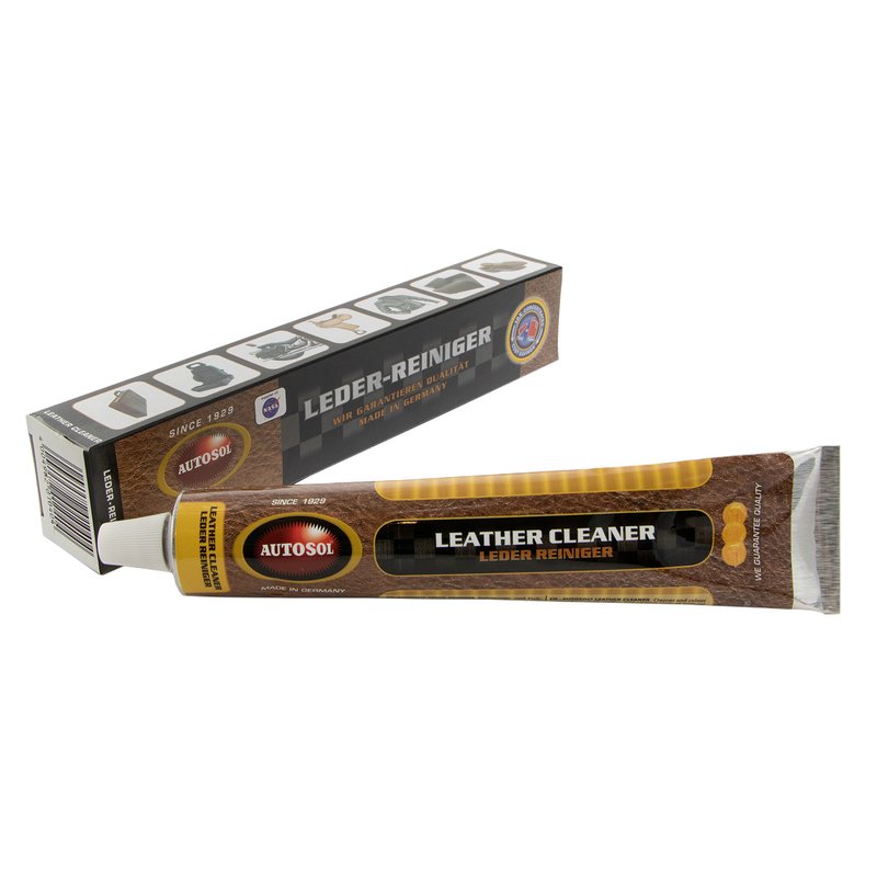 Autosol Leather Cleaner 75 ml tube in box – pH-balanced and 10× concentrated paste to clean and refresh smooth leather, vinyl, and synthetic surfaces. Gently removes stains and ink to restore natural color and matte finish.