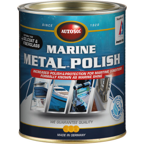 Autosol Marine Metal Polish paste and liquid bottles (75 ml, 250 ml, 750 ml) – powerful marine-grade cleaner and polish that removes rust, salt deposits, oxidation from aluminum, stainless steel, brass, and fiberglass, leaving a durable, glossy finish .


