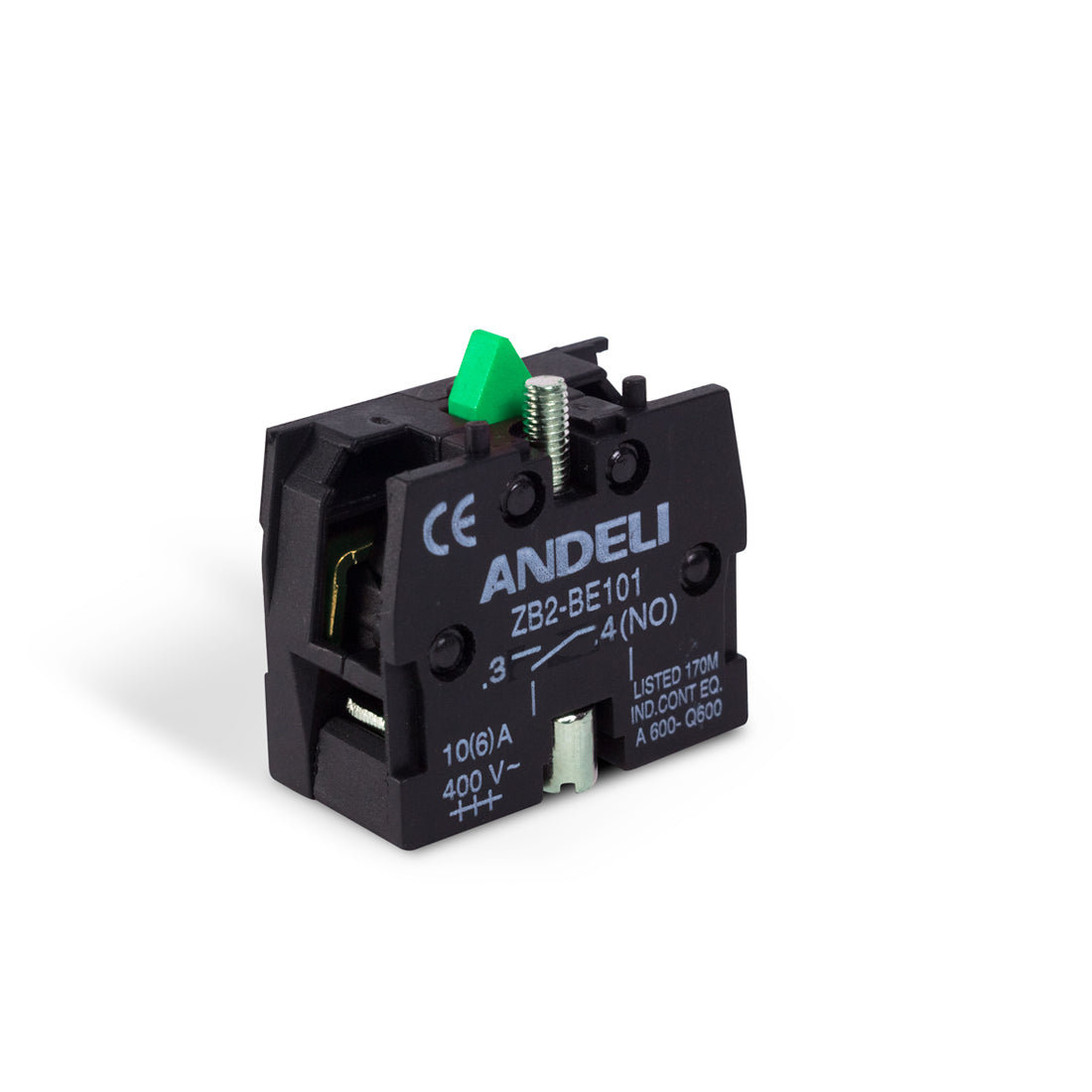 Auxiliary contact block designed for ANDELI ZB-BE101 normally open (NO) buttons. Used to expand control and switching functions in industrial panels. Durable and easy to install for reliable electrical contact support in automation and machinery control.

