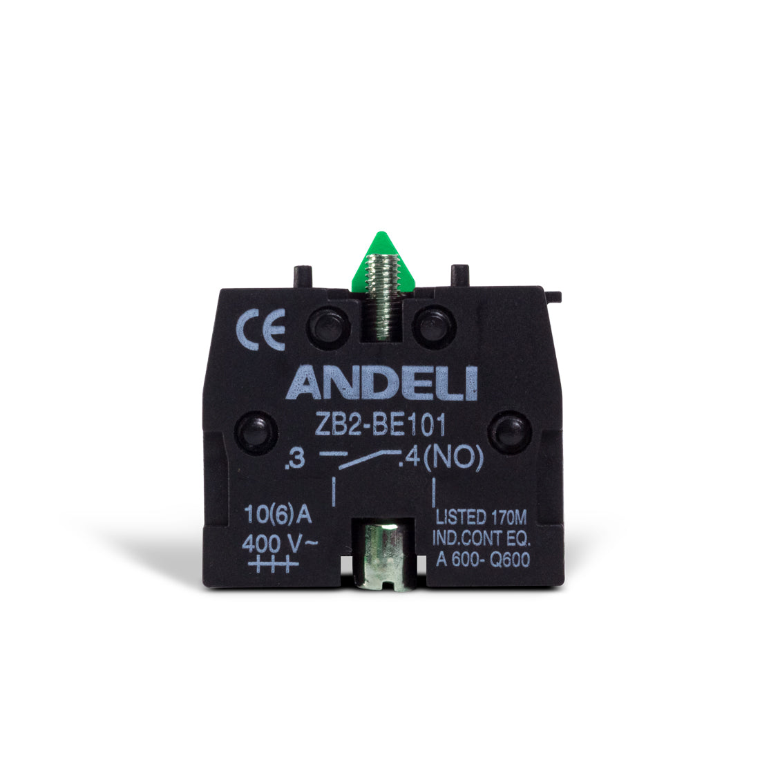 Auxiliary contact block designed for ANDELI ZB-BE101 normally open (NO) buttons. Used to expand control and switching functions in industrial panels. Durable and easy to install for reliable electrical contact support in automation and machinery control.

