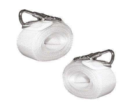 Pair of heavy-duty adjustable bimini straps with stainless steel snap hooks and buckles, designed for securing bimini tops and boat canopies. UV-resistant and weatherproof for reliable marine and outdoor use.

